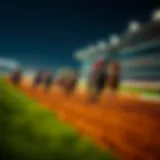 An intricately designed racetrack with horses in action during a race