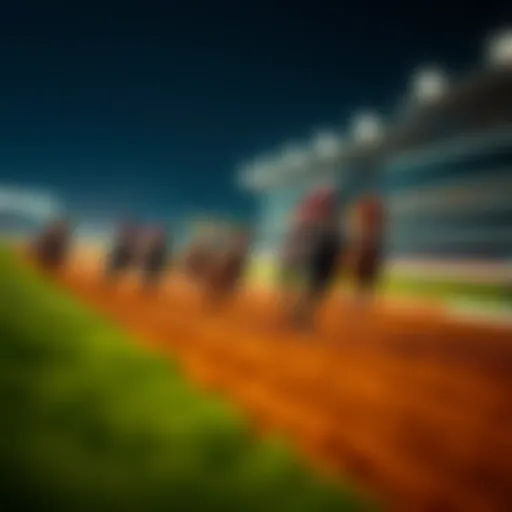 An intricately designed racetrack with horses in action during a race