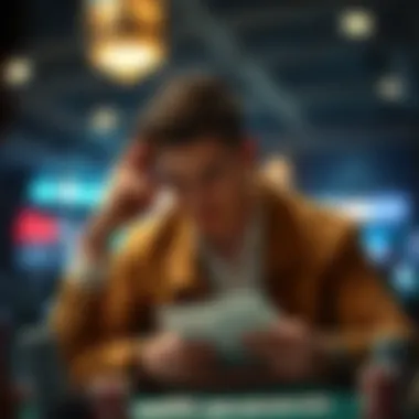 A thoughtful player deliberating over the terms of a no deposit bonus offer