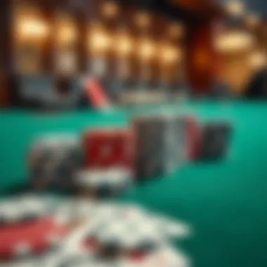 A selection of poker chips and cards arranged on a felt table, highlighting game readiness.