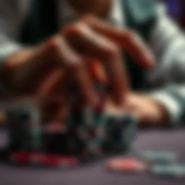 Strategic Chip Stacking in Action Close-up of a player's hand strategically stacking chips