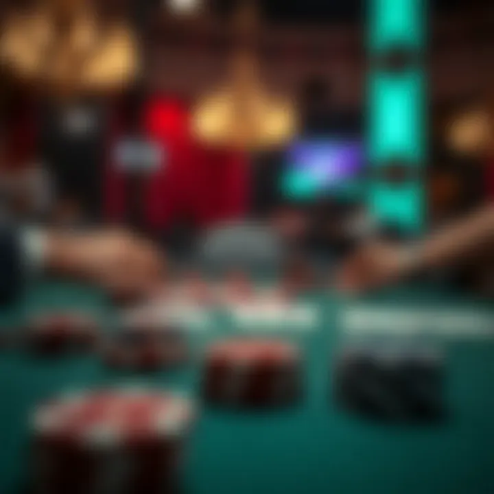 A close-up of a poker table showcasing chips and cards